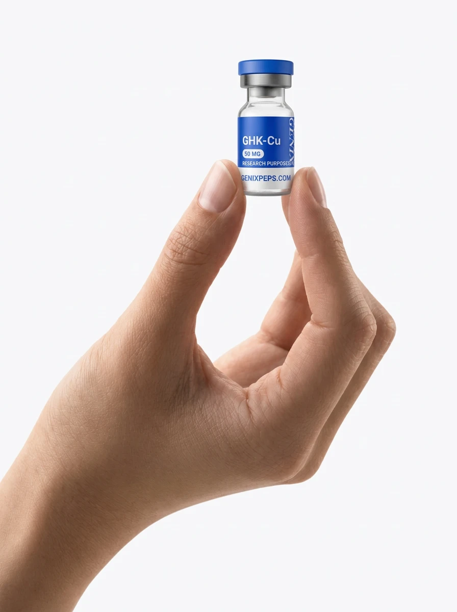 A GENIX GHK-Cu 50 MG research vial held between finger and thumb